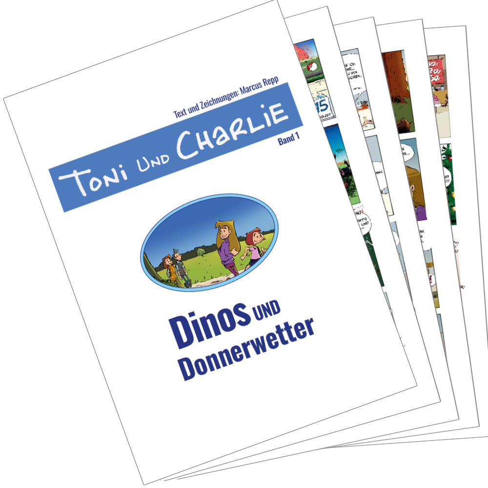 Blick ins Album Dinos und Donnerwetter aus der Serie Toni und Charlie von Marcus Repp.