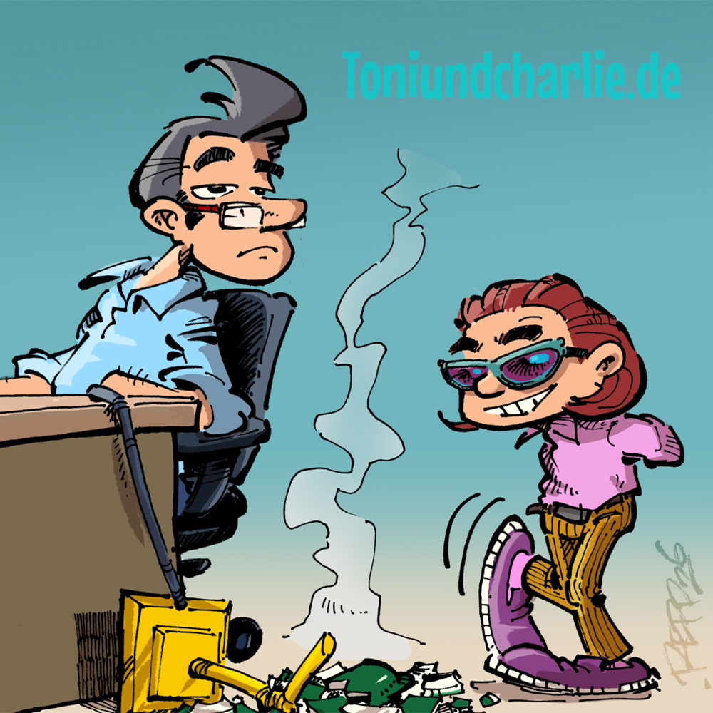 Comic Panel. Vater am Schreibtisch. Neben ihm die Tochter, verlegen grinsend, weil die zerbrochene Schreibtischlampe am Boden wohl von ihr heruntergeworfen wurde.