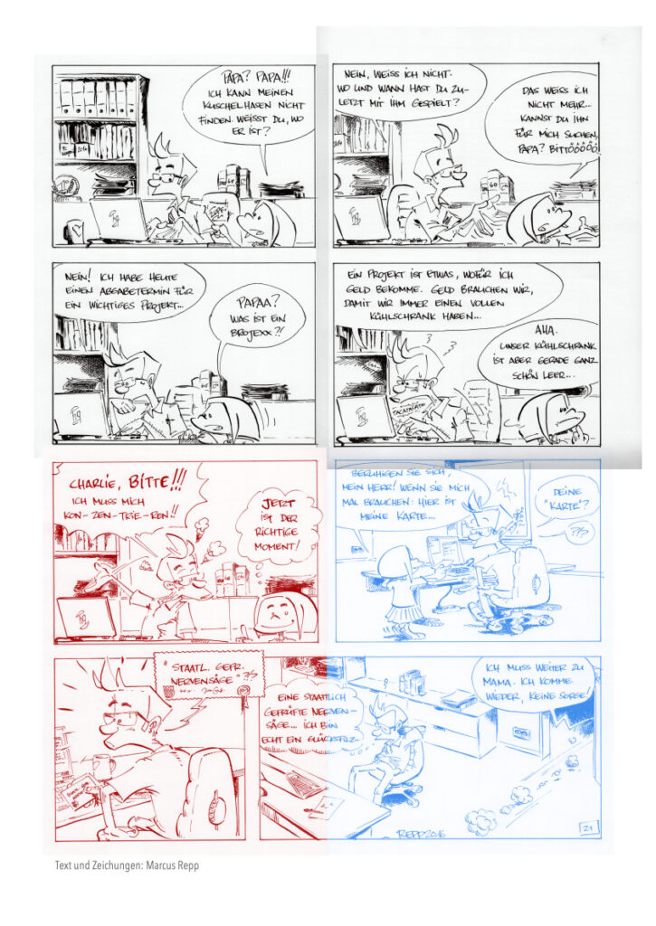 Tuschezeichnungen der Folge Nervensäge. Sie zeigen, wie ich die Originalzeichnungen zusammen gestückelt habe. Jeweils zwei Bildzeilen sind in echt eine A3 Seite gewesen. Damals hatte ich nur einen A4 Scanner, und so konnte ich immer nur die eine Hälfte der Seite scannen. Diese Hälfte habe ich dann am PC wieder mühsam zusammensetzen müssen.