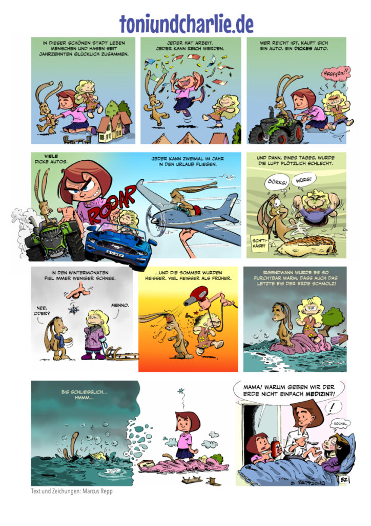 Die Folge Fieberwahn der Comicserie Toni und Charlie: Die kleine Schwester Charlie vergnügt sich mit ihre Puppen und allerlei anderen Spielsachen. Das Spiel bekommt einen Spin in Richtung Klimawandel. Im Spiel hat die kleine Schwester womöglich eine Lösung für den Klimawandel.