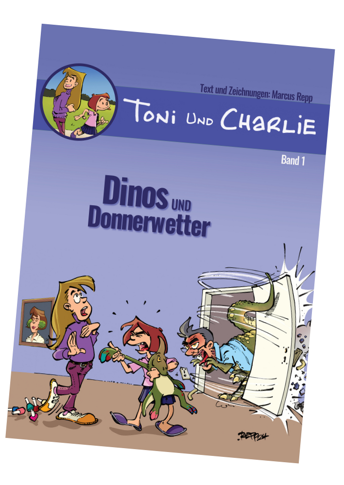 Cover des Albums Dinos und Donnerwetter aus der Serie Toni und Charlie. Text und Zeichnungen Marcus Repp